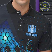 Load image into Gallery viewer, Black and Blue Flame Bowling Polo, 1/4 Zip Shirts for Men Custom Bowling Team Jersey Bowler Outfit NQS10925