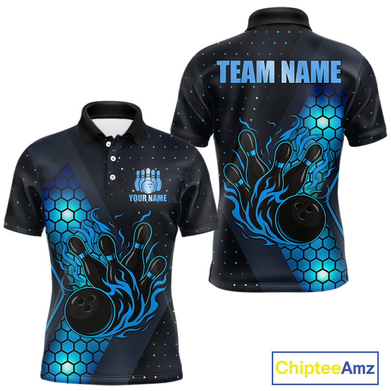Black and Blue Flame Bowling Polo, 1/4 Zip Shirts for Men Custom Bowling Team Jersey Bowler Outfit NQS10925