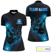 Load image into Gallery viewer, Black and Blue Flame Bowling Polo, 1/4 Zip Shirts for Women Custom Bowling Team Jersey Bowler Outfit NQS10925