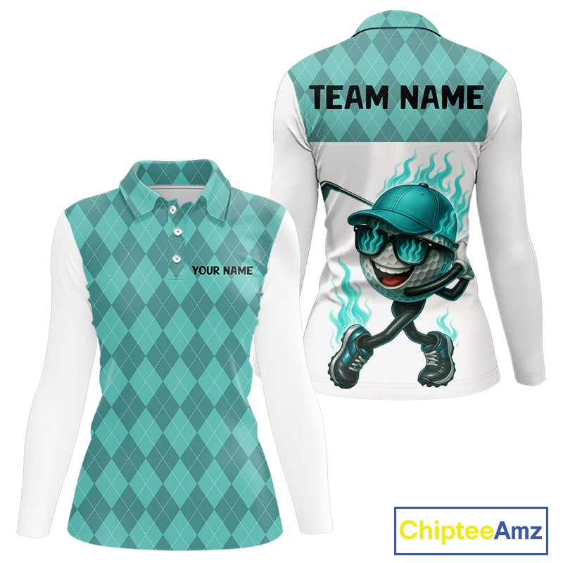 Turquoise argyle pattern Funny Flame Golf polo shirt for Women Custom team ladies Golf attire NQS11102