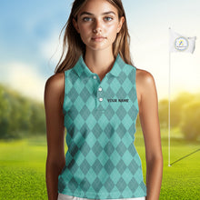 Load image into Gallery viewer, Turquoise argyle pattern Funny Flame Women Sleeveless golf polo shirt Custom team ladies Golf attire NQS11102
