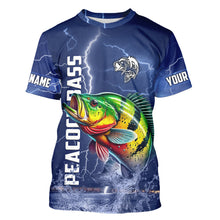 Load image into Gallery viewer, Peacock Bass Fishing blue lightning jerseys custom performance Long Sleeve tournament fishing shirts NQS9237