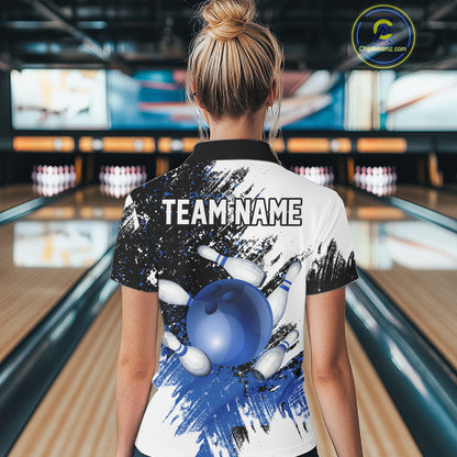 Black & White Women Bowling Polo, 1/4 Zip Shirts Custom bowling jersey, girls bowling outfit | Blue NQS11305