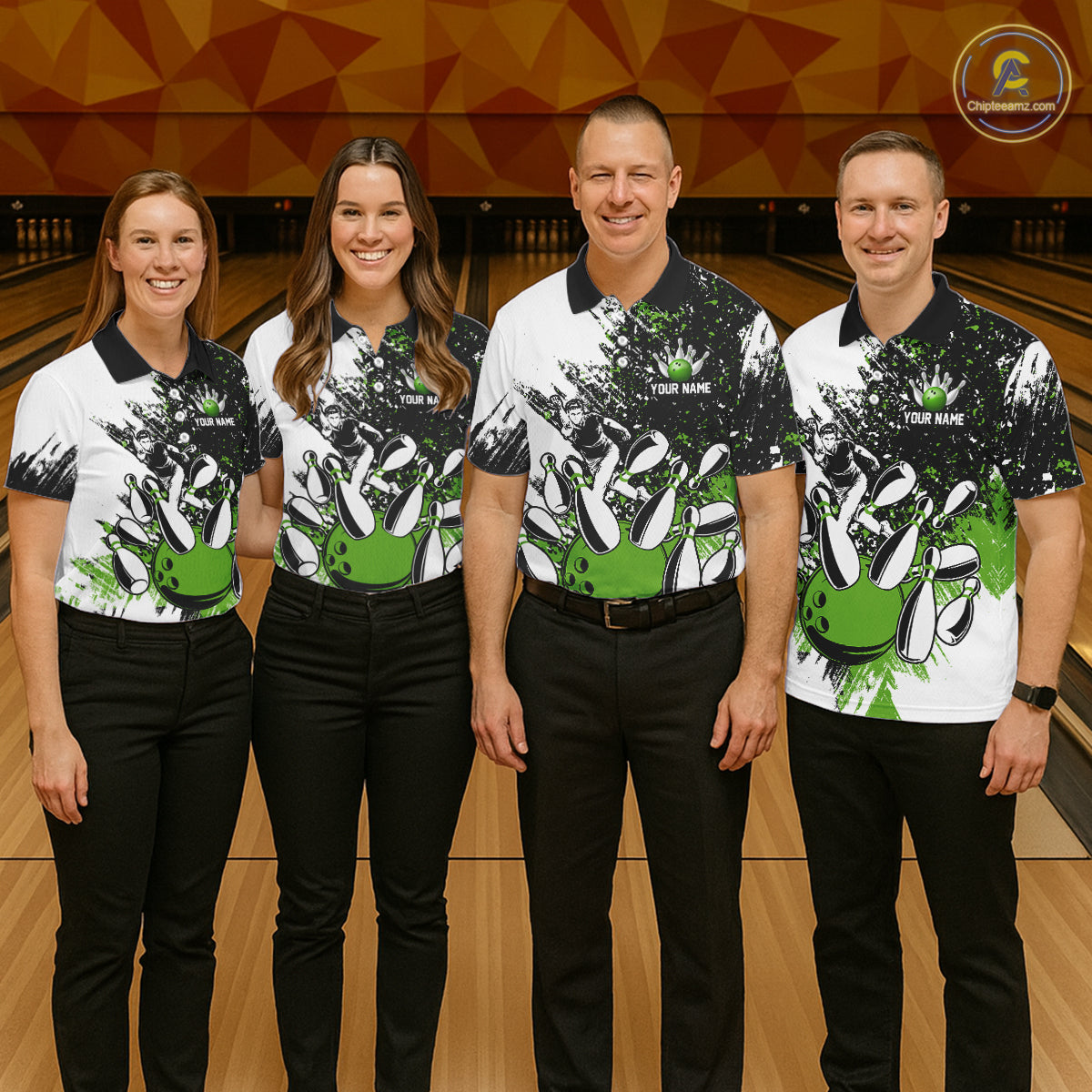 Black & White Women Bowling Polo, 1/4 Zip Shirts Custom bowling jersey, girls bowling outfit | Green NQS11306