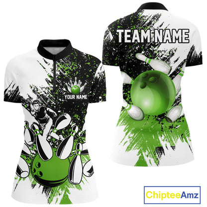 Black & White Women Bowling Polo, 1/4 Zip Shirts Custom bowling jersey, girls bowling outfit | Green NQS11306