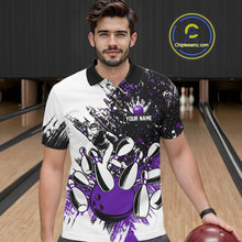 Load image into Gallery viewer, Black &amp; White Men Bowling Polo, Quarter Zip Shirt Custom bowling jersey, mens bowling outfit | Purple NQS11307