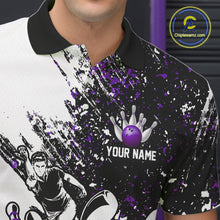 Load image into Gallery viewer, Black &amp; White Men Bowling Polo, Quarter Zip Shirt Custom bowling jersey, mens bowling outfit | Purple NQS11307