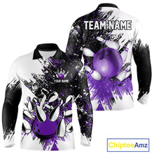 Load image into Gallery viewer, Black &amp; White Men Bowling Polo, Quarter Zip Shirt Custom bowling jersey, mens bowling outfit | Purple NQS11307