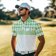 Load image into Gallery viewer, Green argyle pattern American flag white Men golf polo shirts custom patriotic gifts for golf lovers NQS9595