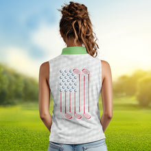 Load image into Gallery viewer, Green argyle pattern American flag white Women sleeveless polos custom patriotic gifts for golf lovers NQS9595