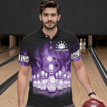 Load image into Gallery viewer, Black And Purple Flame Bowling ball pins Custom Bowling Shirts For Men, Bowling Team Shirt NQS9741