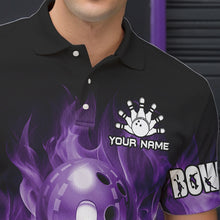 Load image into Gallery viewer, Black And Purple Flame Bowling ball pins Custom Bowling Shirts For Men, Bowling Team Shirt NQS9741