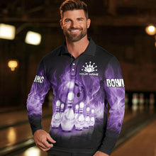 Load image into Gallery viewer, Black And Purple Flame Bowling ball pins Custom Bowling Shirts For Men, Bowling Team Shirt NQS9741