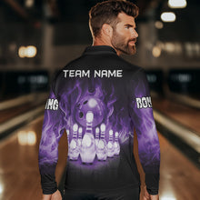 Load image into Gallery viewer, Black And Purple Flame Bowling ball pins Custom Bowling Shirts For Men, Bowling Team Shirt NQS9741