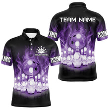 Load image into Gallery viewer, Black And Purple Flame Bowling ball pins Custom Bowling Shirts For Men, Bowling Team Shirt NQS9741