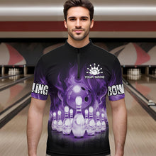 Load image into Gallery viewer, Black And Purple Flame Bowling ball pins Custom Bowling Shirts For Men, Bowling Team Shirt NQS9741