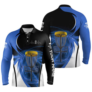 Mens disc golf polo shirt custom disc golf basket, personalized disc golf gifts | Blue NQS5312