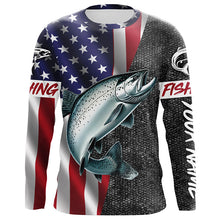 Load image into Gallery viewer, American Flag Salmon Fishing Custom long sleeve performance Fishing Shirts, Salmon Fishing jerseys NQS7883