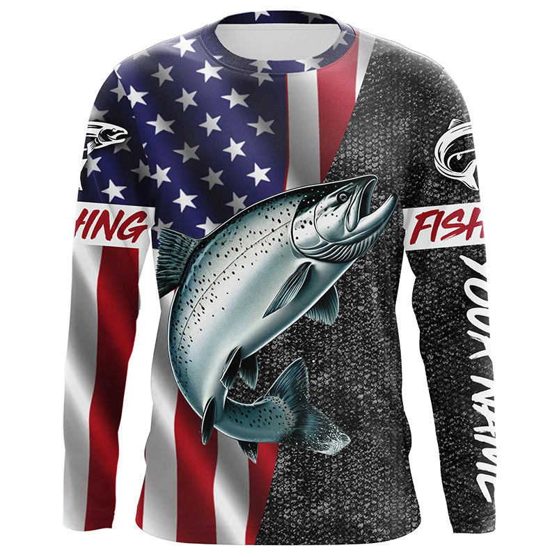 American Flag Salmon Fishing Custom long sleeve performance Fishing Shirts, Salmon Fishing jerseys NQS7883