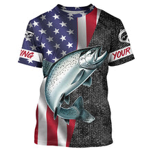 Load image into Gallery viewer, American Flag Salmon Fishing Custom long sleeve performance Fishing Shirts, Salmon Fishing jerseys NQS7883