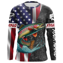 Load image into Gallery viewer, American Flag Rainbow trout Fishing Custom long sleeve performance Fishing Shirt, Trout Fishing jersey NQS7884