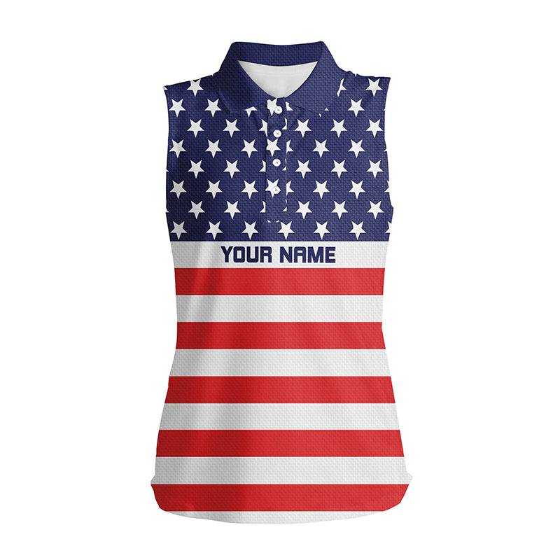 Womens sleeveless polo shirts American flag patriotic custom name ladies golf top, golfing gifts NQS6005