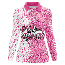 Load image into Gallery viewer, Pink glitter ribbon pattern Custom Bowing Shirts For Women, Breast Cancer Awareness bowling jerseys NQS8104
