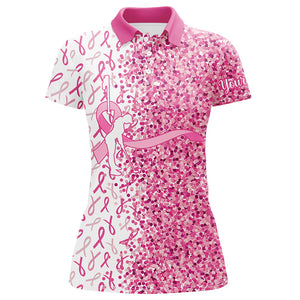 Pink glitter ribbon Matching golf polos for couples custom breast cancer golf shirts, gift for golfer NQS8106