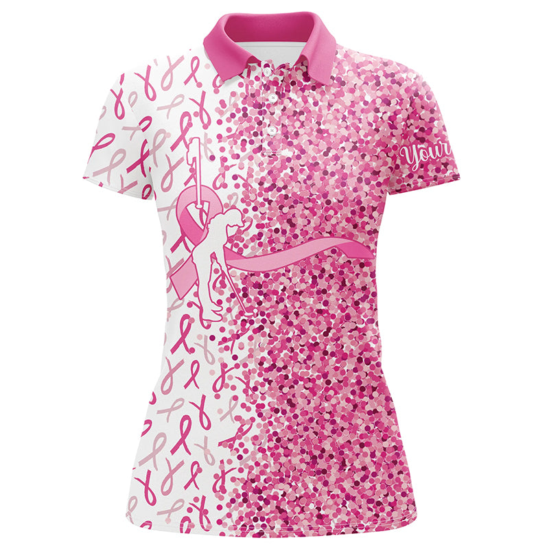 Pink glitter ribbon Womens golf polo shirt custom breast cancer golf shirt for ladies, gift for golfer NQS8106