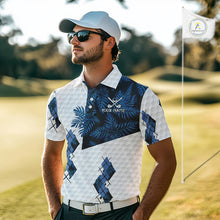 Load image into Gallery viewer, Blue tropical argyle pattern white golf polos shirts for men custom mens golf top, best golf gifts NQS10303