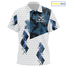 Load image into Gallery viewer, Blue tropical argyle pattern white golf polos shirts for Kid custom Kid golf top, best golf gift NQS10303