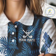 Load image into Gallery viewer, Blue tropical argyle pattern white golf polos shirts for Women custom ladies golf top, best golf gift NQS10303