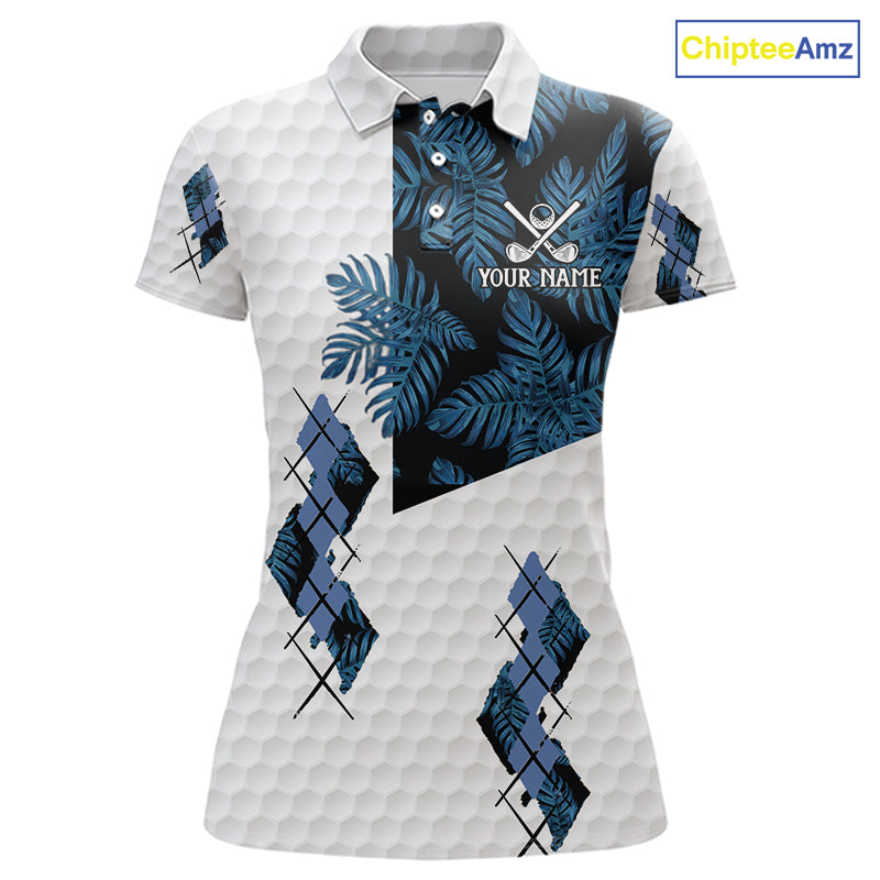 Blue tropical argyle pattern white golf polos shirts for Women custom ladies golf top, best golf gift NQS10303