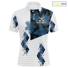 Load image into Gallery viewer, Blue tropical argyle pattern white golf polos shirts for men custom mens golf top, best golf gifts NQS10303