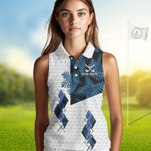 Load image into Gallery viewer, Blue tropical argyle pattern white Women Sleeveless Polo custom ladies golf top, best golf gift NQS10303