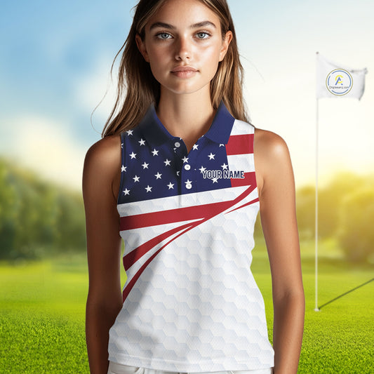 Red, White and Blue American Flag Sleeveless Polo shirt for Women custom patriotic ladies golf attire NQS10304