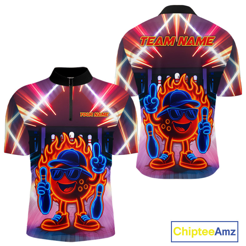 Funny Flame Neon Bowling Ball Mens Bowling Polo, Quarter Zip Shirts Custom Bowling Team jersey NQS10306