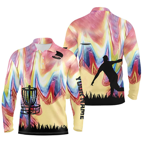 Mens disc golf polo shirts with colorful tie dye background disc golf basket custom disc golf jerseys NQS6204