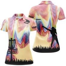 Load image into Gallery viewer, Womens disc golf polo shirt with colorful tie dye background disc golf basket custom disc golf jerseys NQS6204