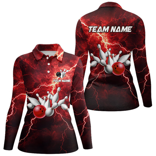 Women bowling shirts Custom red lightning thunder Bowling Team Jersey, gift for team Bowlers NQS8533