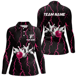 Women bowling shirt Custom black and pink lightning thunder Bowling Team Jersey, gift for team Bowler NQS8535