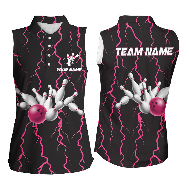 Women bowling sleeveless polo shirts Custom black and pink lightning thunder Bowling Team Jersey NQS8535