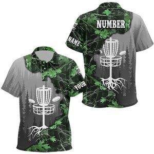 Kid disc golf polo shirt custom green camo forest disc golf basket, frisbee golf jerseys NQS8538