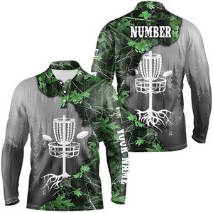 Mens disc golf polo shirt custom green camo forest tree disc golf basket, frisbee golf jerseys NQS8538