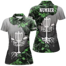 Load image into Gallery viewer, Womens disc golf polo shirt custom green camo forest tree disc golf basket, frisbee golf jerseys NQS8538