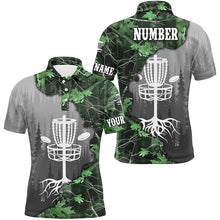 Load image into Gallery viewer, Mens disc golf polo shirt custom green camo forest tree disc golf basket, frisbee golf jerseys NQS8538