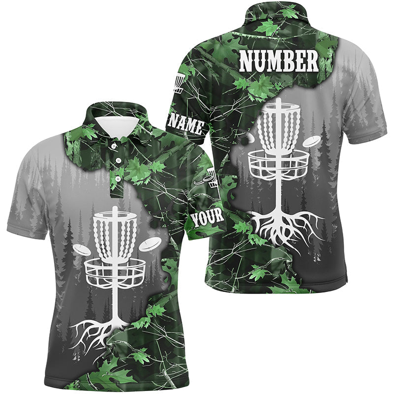 Mens disc golf polo shirt custom green camo forest tree disc golf basket, frisbee golf jerseys NQS8538