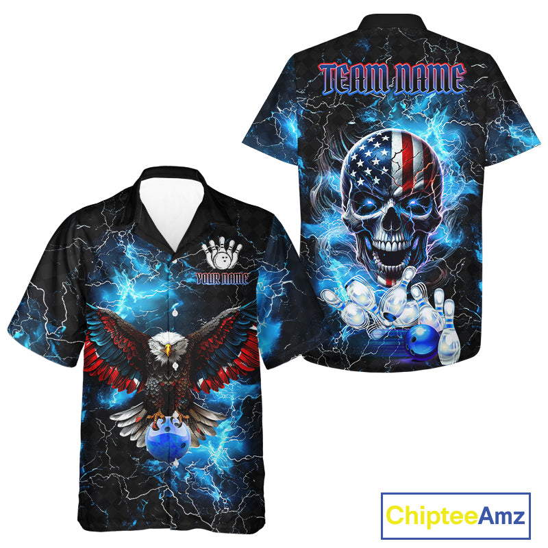 Blue Thunder Lightning American Flag Eagle Skull Bowling Hawaiian shirt Custom Bowling Team Jersey NQS10724