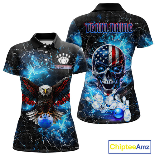 Blue Thunder Lightning American Flag Eagle Skull Women Bowling Shirts Custom Bowling Team Jersey NQS10724
