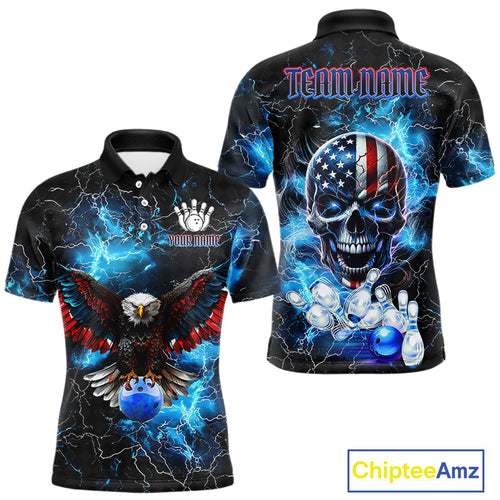 Blue Thunder Lightning American Flag Eagle Skull Mens Bowling Shirts Custom Bowling Team Jersey NQS10724